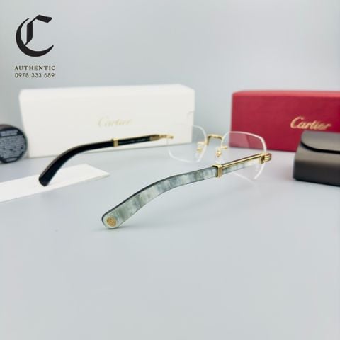 Gọng kính khoan cao cấp mạ vàng gọng sừng TRẮNG Cartier CT0377O 003