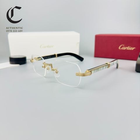 Gọng kính khoan cao cấp mạ vàng gọng sừng TRẮNG Cartier CT0377O 003