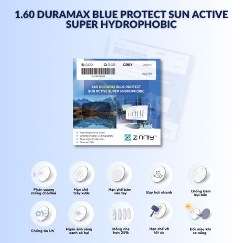 Tròng kính đổi màu xám khói Zinmy 1.60 DURAMAX BLUE PROTECT SUN ACTIVE SUPER HYDROPHOBIC