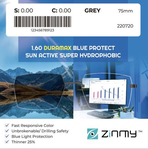 Tròng kính đổi màu xám khói Zinmy 1.60 DURAMAX BLUE PROTECT SUN ACTIVE SUPER HYDROPHOBIC