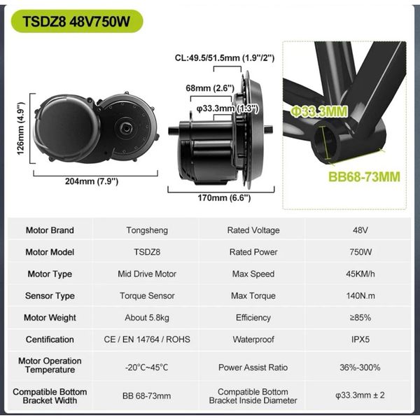  Bộ chuyển đổi động cơ truyền động giữa cảm biến mô-men xoắn TONGSHENG TSDZ8 48V 750W 