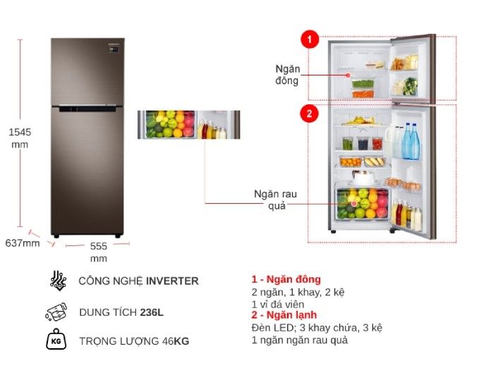 Tủ lạnh Samsung Inverter 236 lít RT22M4040DX/SV