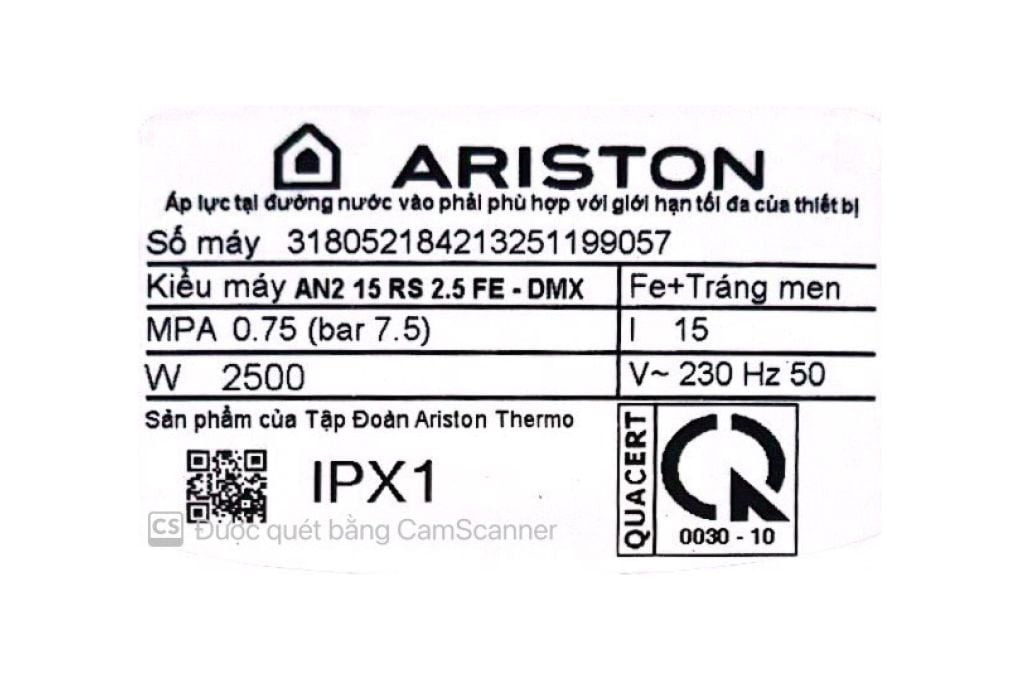 Bình nóng lạnh Ariston 15 lít 2500W AN2 15 RS 2.5 FE
