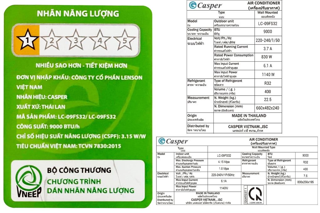 Điều hòa Casper  1 chiều 1.5 HP 12.000BTU LC-12FS32