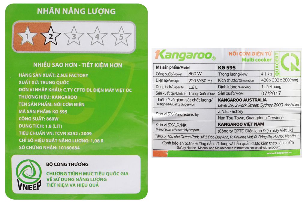 Nồi cơm điện tử Kangaroo 1.8 lít KG595