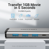  Hub Mở Rộng Kết Nối Đa Năng 9-in-1 VENTION THA (Type-C to HDMI/USB3.0*3/TF/SD/RJ45 1Gbps/3.5mm/PD) 
