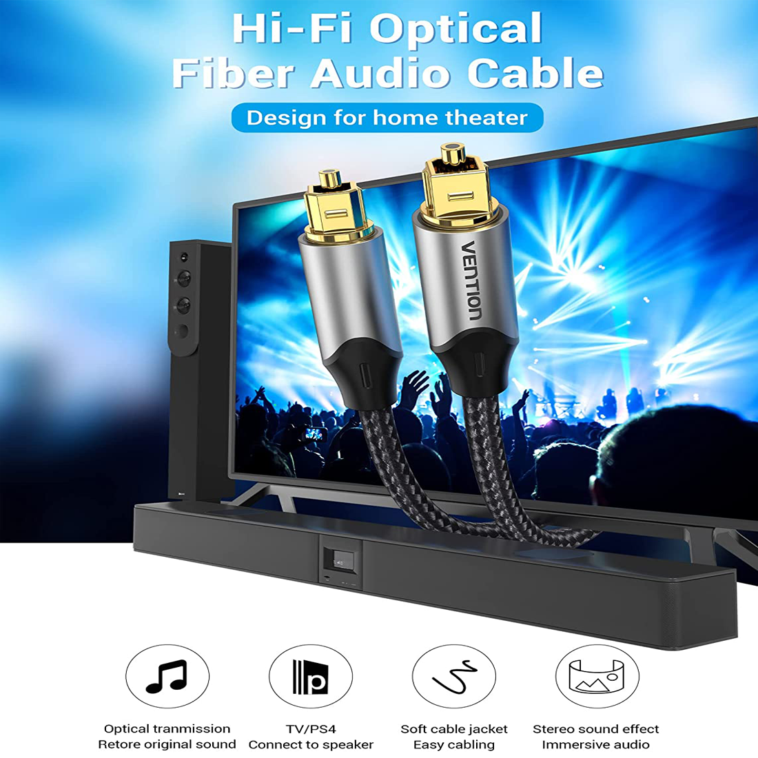  Dây cáp audio quang chất lượng cao VENTION BAV (2M, Optical Fiber Braided Audio) 