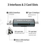  Đầu Đọc Thẻ Nhớ OTG 2 in 1 Type C/Micro USB/USB 3.0 to SD/TF VENTION CCH (5Gbps) 
