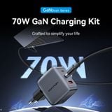  Vention 3-Port USB (C+C+A) GaN Charger (70W/70W/22.5W) Gray with USB-C to USB-C Cable (1M) Black EU-Plug 