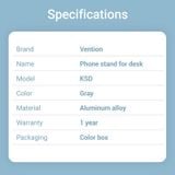  Đế giữ điện thoại/Tablet bằng kim loại xoay 360 độ VENTION KSD (with 360° Rotatable Base, Aluminium Alloy) 