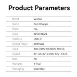  Củ sạc nhanh mini Vention Super-Small 1-Port PD Quick charger 20W (Type C, Smart & Safe, EU/US-Plug) 