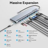  Multi-function USB-C to DP/HDMI/VGA/USB-C Gen 1/USB 3.0x2/USB 2.0/RJ45/SD/TF/TRRS 3.5mm/PD Docking Station 0.25m Gray Metal Type 