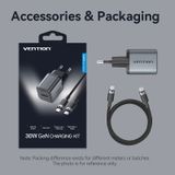  Vention 2-Port USB (C + A) GaN Charger (30W/18W) Gray with USB-C to USB-C Cable (1M) Black EU-Plug 
