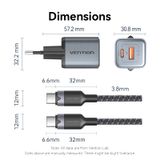  Vention 2-Port USB (C + A) GaN Charger (30W/18W) Gray with USB-C to USB-C Cable (1M) Black EU-Plug 