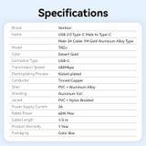  Vention USB 2.0 Type-C Male to Type-C Male 3A Cable Gold Aluminum Alloy Type 