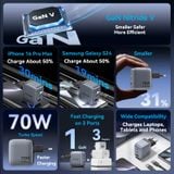  Vention 3-Port USB (C+C+A) GaN Charger (70W/70W/22.5W) Gray with USB-C to USB-C Cable (1M) Black EU-Plug 