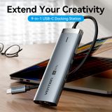  HUB Mở Rộng Kết Nối Đa Năng 9-in-1 VENTION TGV (Type-C to HDMI4K@60Hz/1*USB 3.2 Gen 1 Type-C 5Gbps/1*USB 3.0 5Gbps/1*USB 2.0 480Mbps/RJ45 1Gbps/1*SD&TF/1*TRRS 3.5mm/1*Type-C PD100W) 