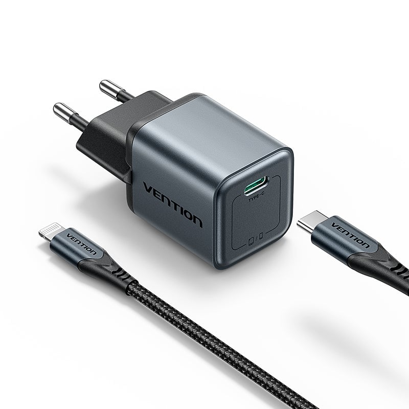 Vention 1-Port USB-C GaN Charger (20W) Gray with USB-C to Lightning Cable (1M) Black EU-Plug ( TZ-FEVH0-EU ) Vention 1-Port USB-C GaN Charger (20W) Gray with USB-C to Lightning Cable (1M) Black EU-Plug ( TZ-FEVH0-EU )