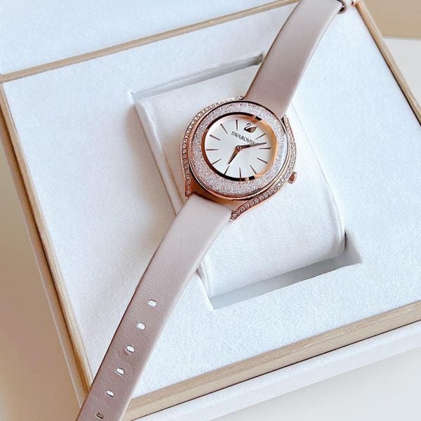  Đồng hồ Swarovski Crystalline Aura màu nude - Crystalline Aura watch Swiss Made, Leather strap, Gray, Rose gold-tone finish 