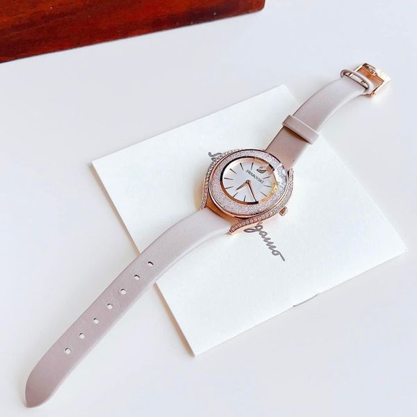  Đồng hồ Swarovski Crystalline Aura màu nude - Crystalline Aura watch Swiss Made, Leather strap, Gray, Rose gold-tone finish 