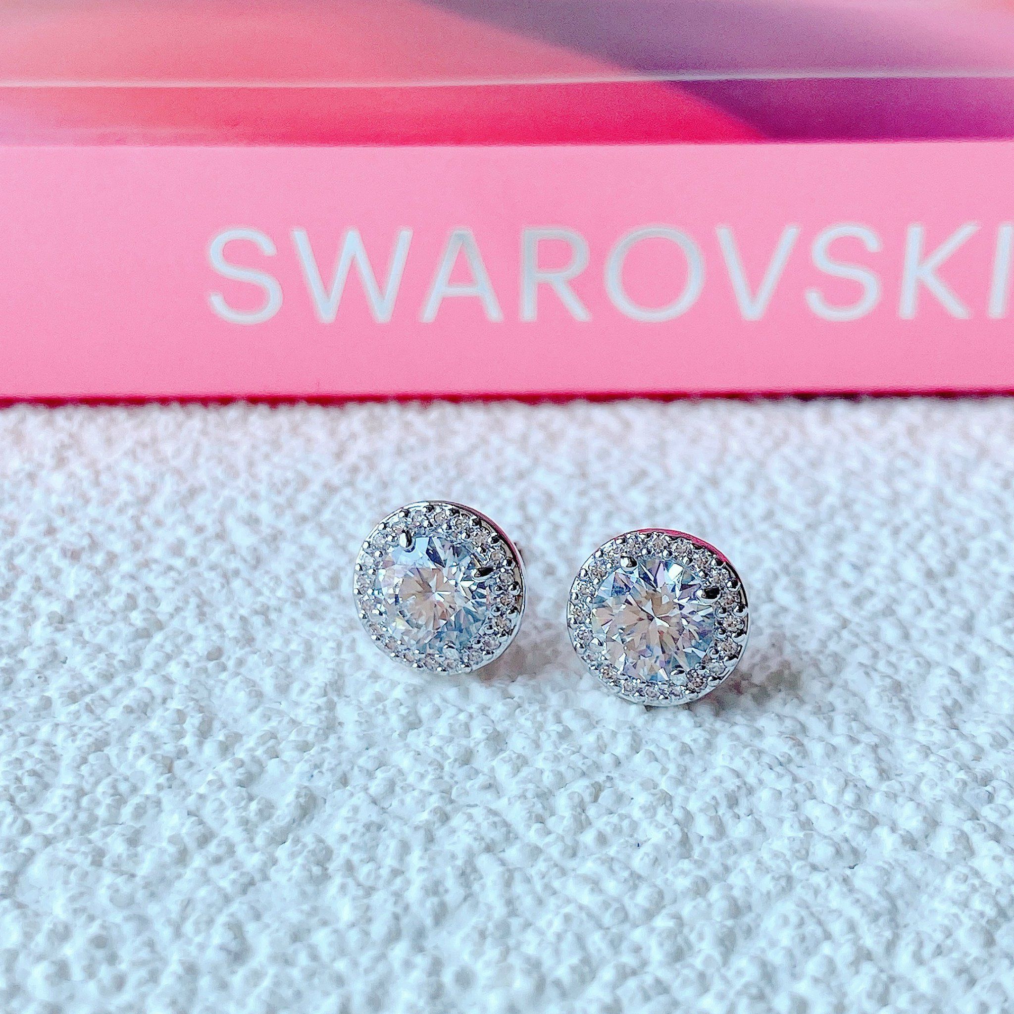  Khuyên tai Constella nụ màu trắng - vàng hồng - Swarovski Constella stud earrings Round cut, Pavé, White, Rhodium plated/Rose gold-tone plated 