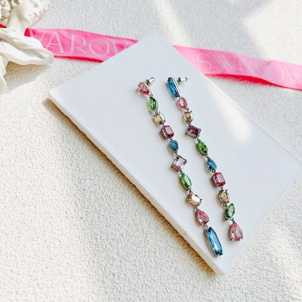  Gema drop earrings Asymmetrical design, Mixed cuts, Extra long, Multicolored, Rhodium plated 