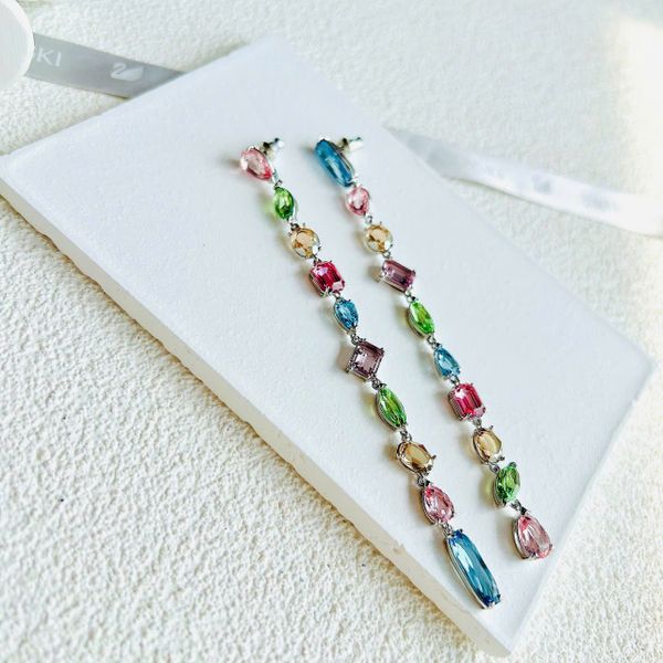  Gema drop earrings Asymmetrical design, Mixed cuts, Extra long, Multicolored, Rhodium plated 