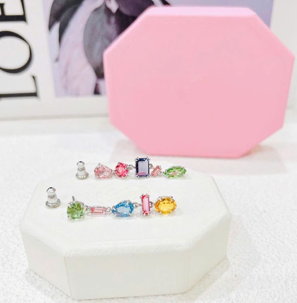  Gema drop earrings Asymmetrical design, Mixed cuts, Long, Multicolored, Rhodium plated 