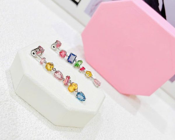  Gema drop earrings Asymmetrical design, Mixed cuts, Long, Multicolored, Rhodium plated 