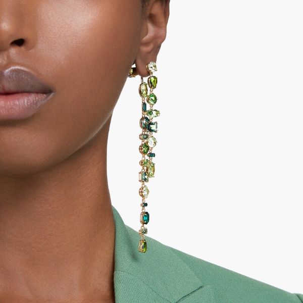  Gema drop earrings Asymmetrical design, Mixed cuts, Extra long, Green, Gold-tone plated 
