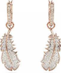  Khuyên tai Swarovski lông vũ màu vàng hồng đeo 2 kiểu - Swarovski Nice drop earrings Feather, White, Rose gold-tone plated 
