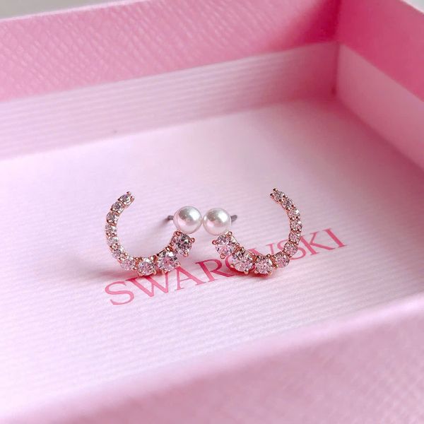  Matrix hoop earrings Crystal pearl, Round cut, White, Rose gold-tone plated 