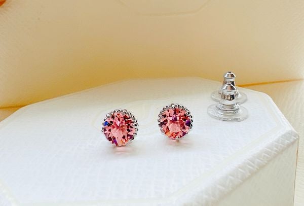  Birthstone stud earrings Round cut, October, Pink, Rhodium plated 