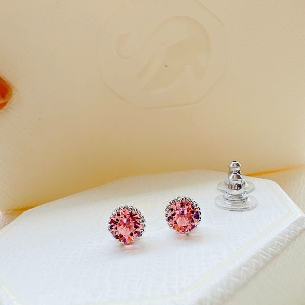  Birthstone stud earrings Round cut, October, Pink, Rhodium plated 