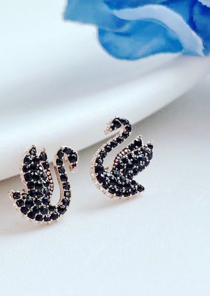  Swarovski Swan stud earrings Swan, Black, Rose gold-tone plated 