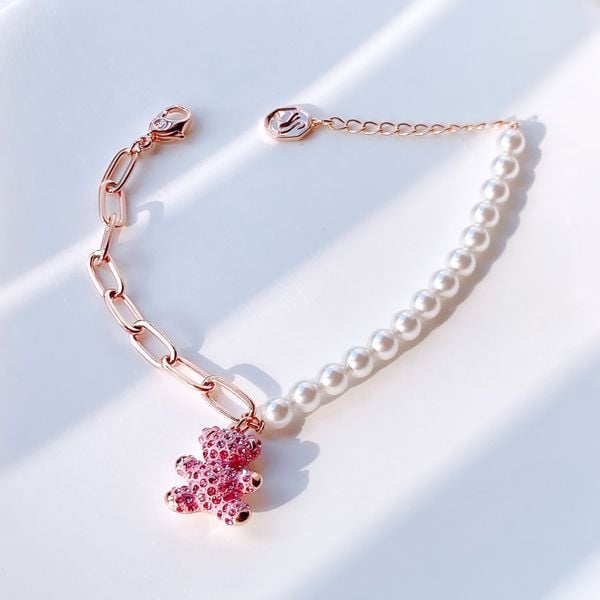  Lắc tay gấu Teddy hồng mix ngọc trai - Swarovski bracelet Bear, Pink, Rose gold-tone plated 