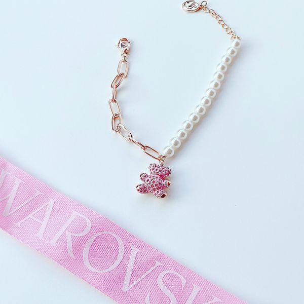  Lắc tay gấu Teddy hồng mix ngọc trai - Swarovski bracelet Bear, Pink, Rose gold-tone plated 