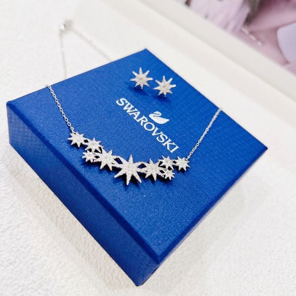  Set dây chuyền - khuyên tai ngôi sao trắng Swarovski - Swarovski Fizzy set Star, White, Rhodium plated 