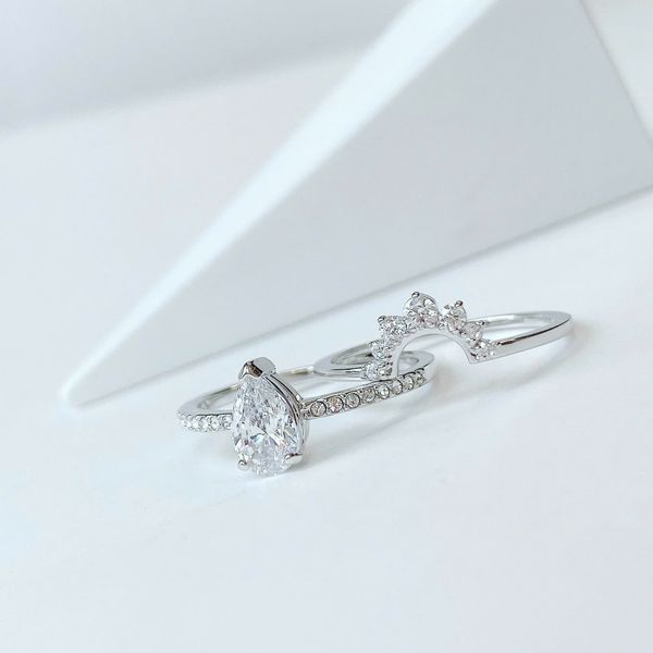  Attract Pear Ring Set White, Rhodium plated - Size 58 