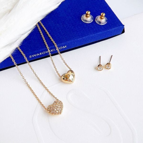  Set tim phồng màu gold - Swarovski Heart Set, Gold tone, Gold-tone plated 