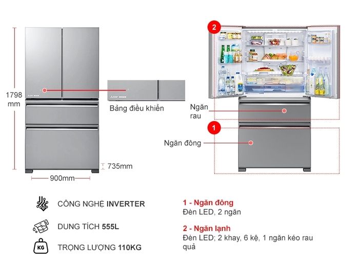 Tủ lạnh 4 cánh Mitsubishi MR-LX68EM-GSL