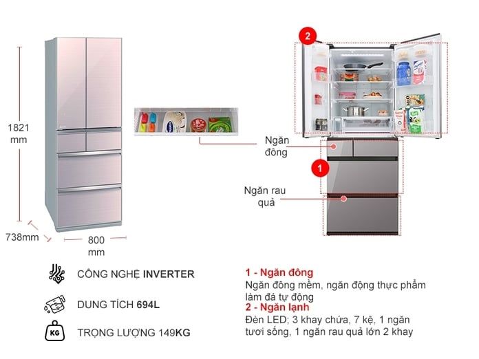 Tủ lạnh Mitsubishi Electric Inverter 694 lít MR-WX70C-F