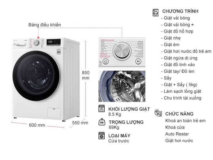 Máy giặt sấy LG Inverter 8.5 Kg FV1408G4W.ABWPEVN