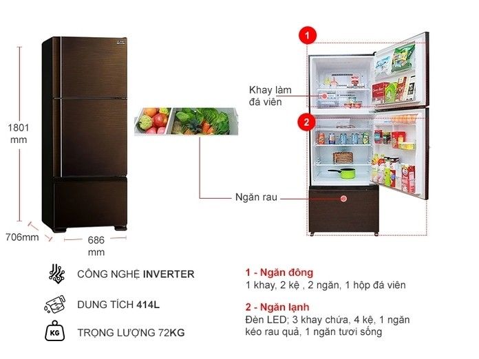 Tủ lạnh Mitsubishi Electric Inverter 414 lít MR-V50ER-BRW