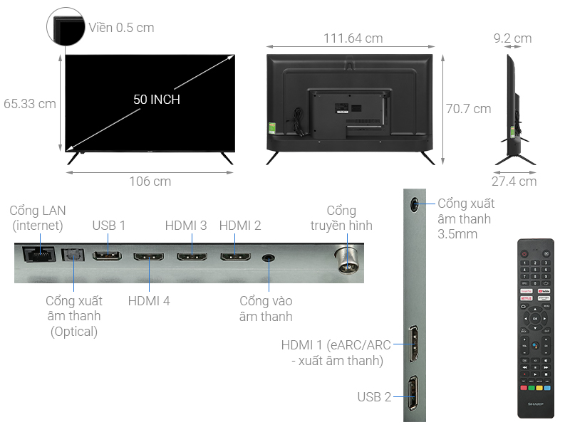 Android Tivi Sharp 4K 50 inch 4T-C50EK2X