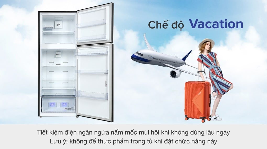 Tiết kiệm điện, ngăn ngừa nấm mốc mùi hôi nhờ chế độ Vacation - Tủ lạnh Beko Inverter 422 lít RDNT470I50VK