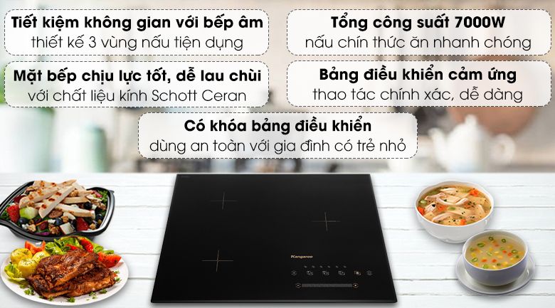 Bếp từ ba vùng nấu lắp âm Kangaroo KG836i