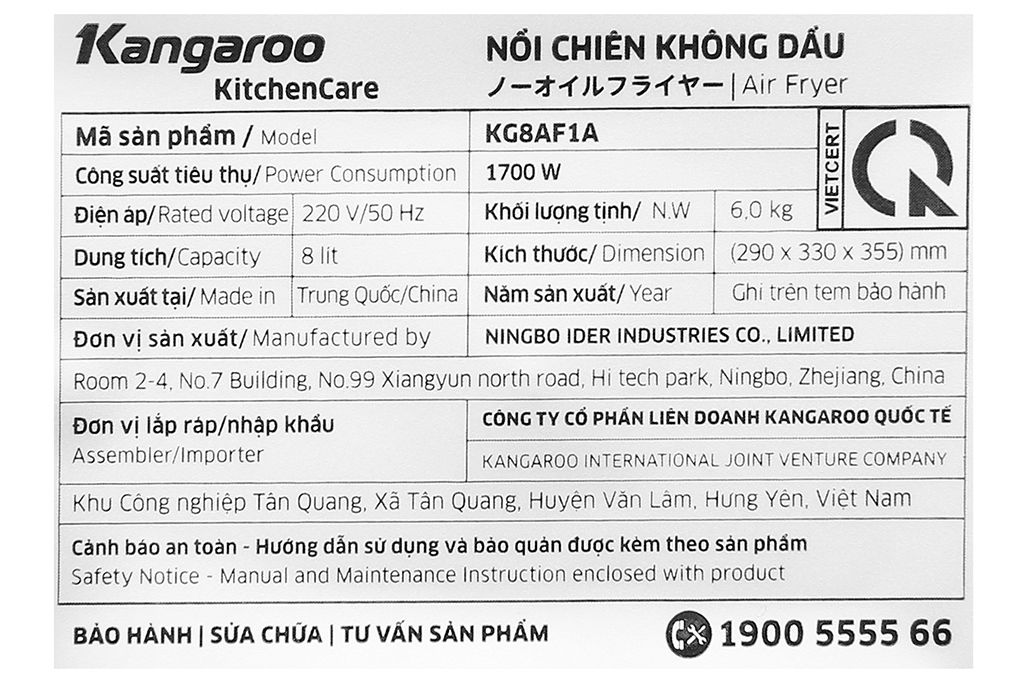 Nồi chiên không dầu Kangaroo KG8AF1A 8 lít