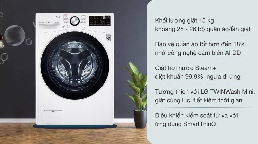 Máy giặt sấy LG Inverter 15 Kg F2515RTGW