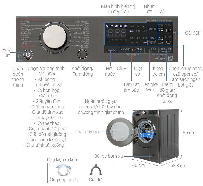 Máy giặt lồng ngang LG Inverter 12Kg FV1412S3BA